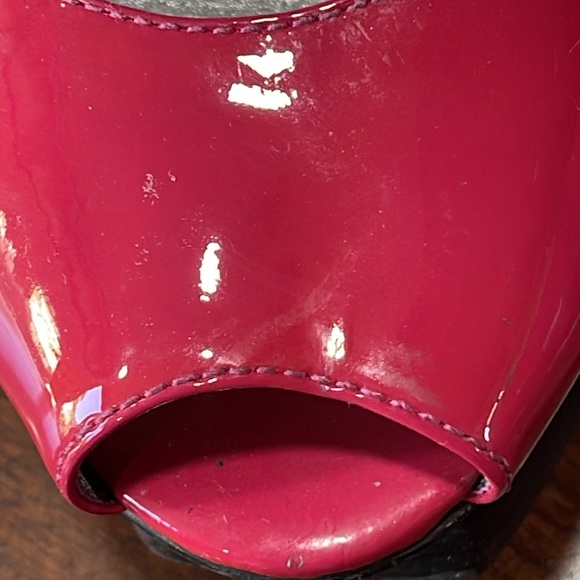 Bebe Zahara, hot pink & silver, open toe sling back platform stilettos, size 8 - Picture 5 of 12